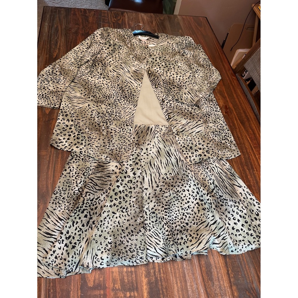 Florentine Dress Suit Jacket Set Vintage Animal Print Mint Green Woman's Size 18